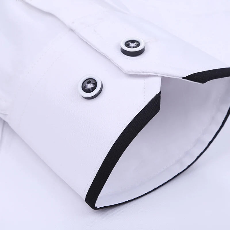 Men's stand up collar shirt classic round neck slim fit vertical collar long sleeved white shirt