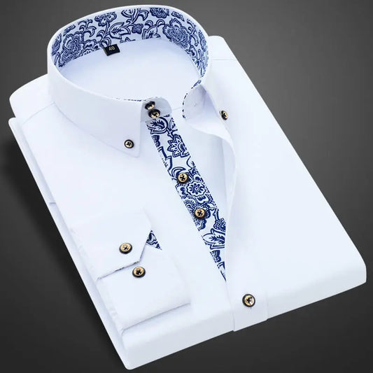 Porcelain Collar Shirt Men Long Sleeve Korean SlimFit Casual Business Dress Shirts Solid Color White Shirt Cotton